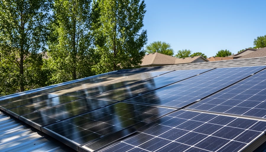 Solar panels on residential roof with shadow from nearby evergreen tree falling across panels