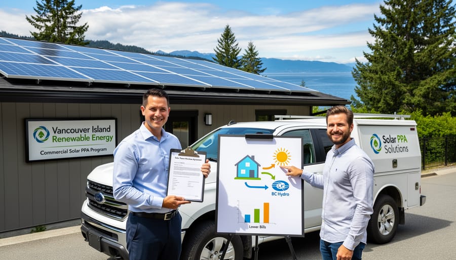 Commercial building with solar panels on Vancouver Island with ocean view