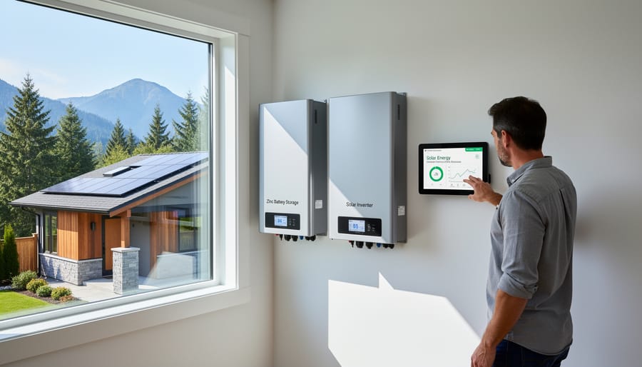 Zinc battery storage unit mounted on residential home exterior wall in British Columbia