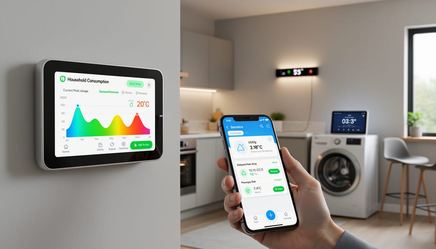 Smart home energy control panel on wall with solar panels and mountains visible through window
