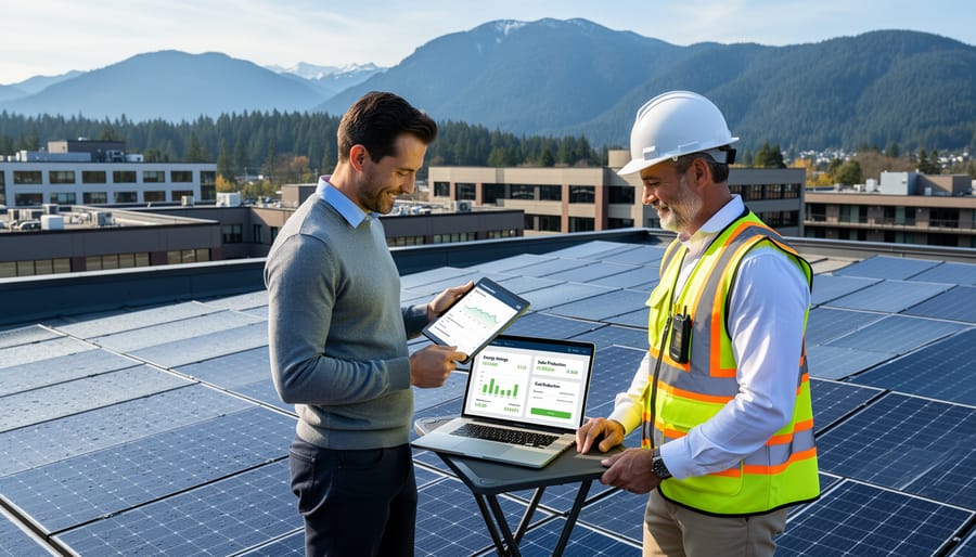Business owner in front of commercial building with rooftop solar installation in Burnaby