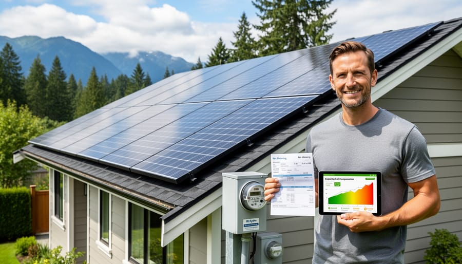 Solar panels installed on residential home rooftop in British Columbia with mountains in background