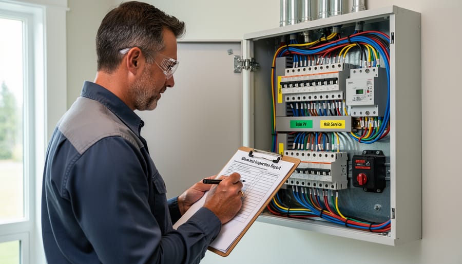 Electrical inspector examining residential electrical panel with testing equipment