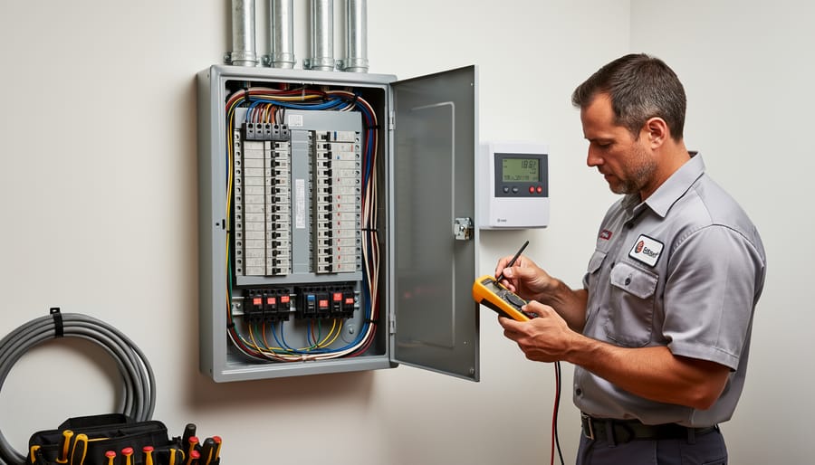 Interior view of residential electrical panel showing circuit breakers and wiring for solar integration