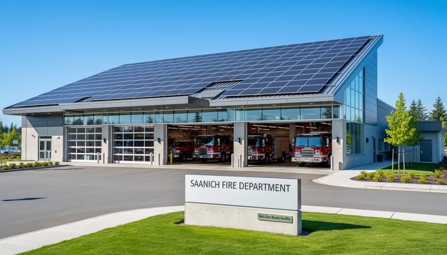 Fire hall building with extensive rooftop solar panel array installation