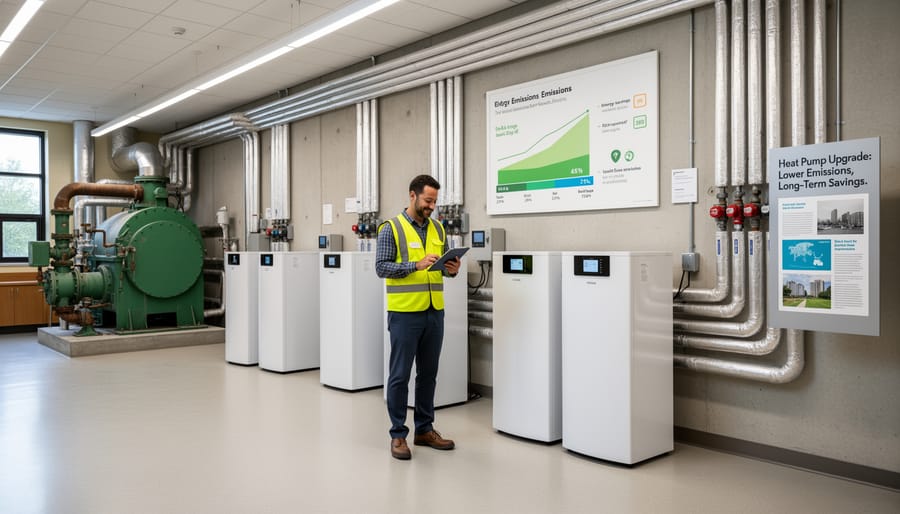 Air-source heat pump installed on exterior wall of municipal building