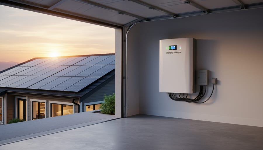 Modern home battery storage system installed on residential garage wall