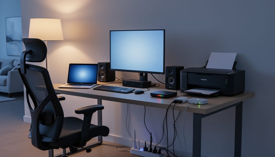 Home office workspace with computer equipment connected to smart power strip for energy management