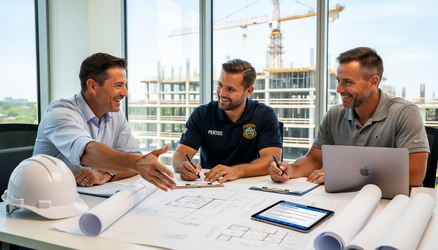 Building inspector and homeowner reviewing small wind turbine installation in British Columbia