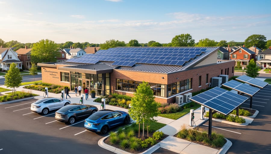 Modern municipal community center building with solar panels installed on rooftop