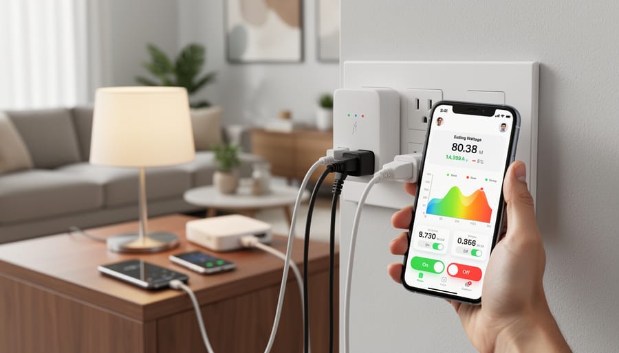 Modern smart outlet installed on wall with smartphone showing energy monitoring interface