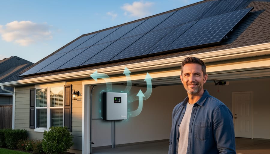 Residential solar panel array with battery storage system on BC home with mountains in background