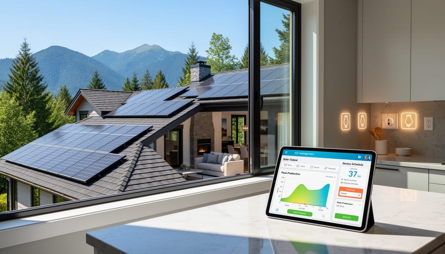 Solar panels on British Columbia home roof during morning sunlight with interior visible below
