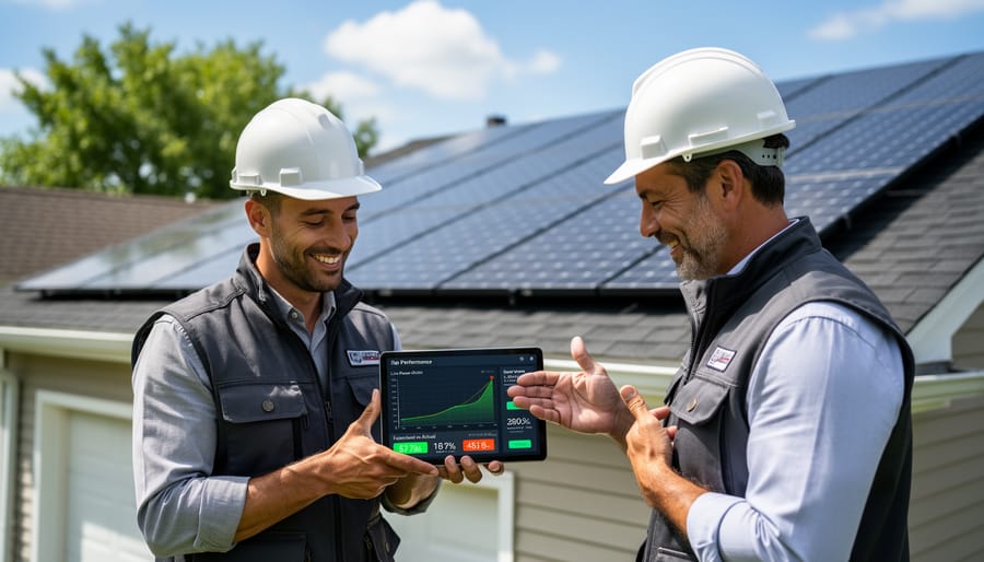 Technician using digital monitoring tools to verify solar panel performance