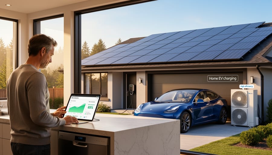 Homeowner monitoring energy consumption on tablet device in modern kitchen during daytime