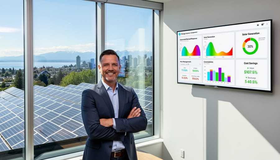 Business owner in front of commercial building with rooftop solar panels in Vancouver