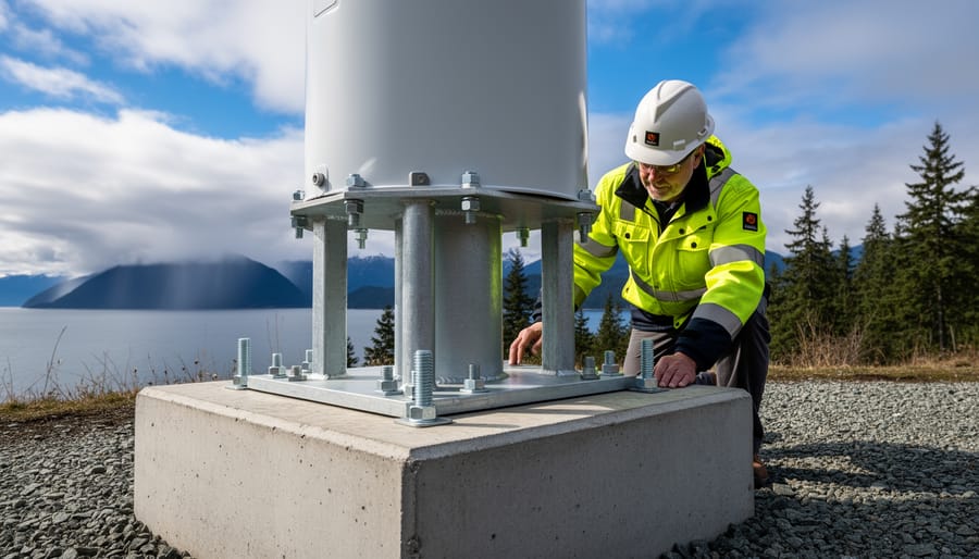 Small wind turbine tower with visible concrete foundation in British Columbia residential setting