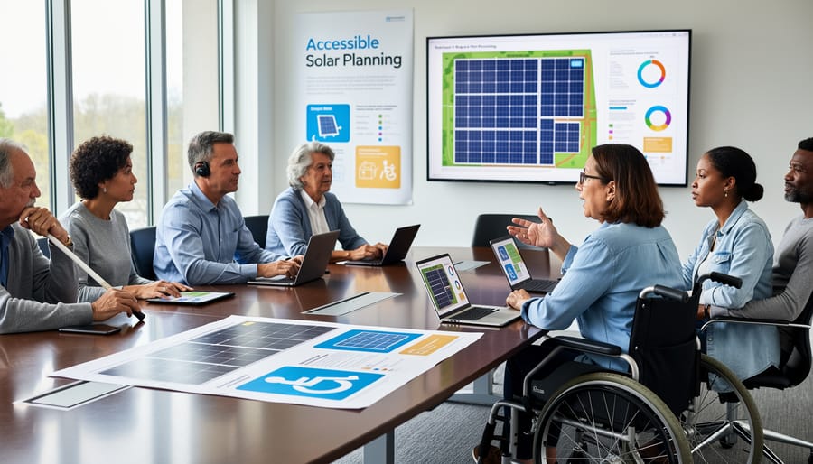 Person using wheelchair reviewing solar information on tablet during accessible consultation