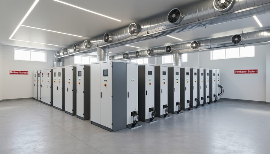 Battery storage units installed in well-ventilated utility room with visible ventilation system