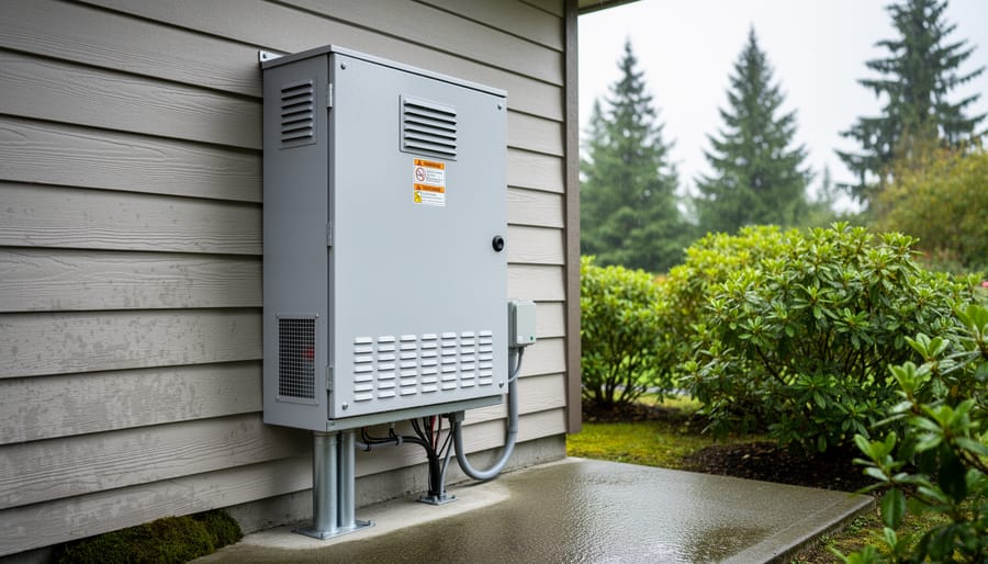 Residential battery storage enclosure with ventilation on BC home exterior