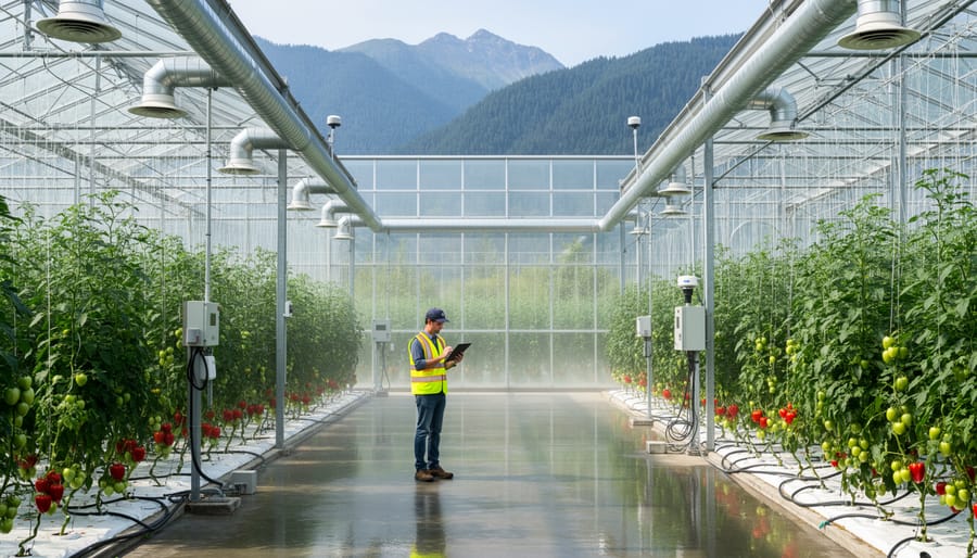 Interior of commercial greenhouse with organized rows of vegetable plants under glass panels