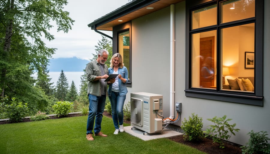 Heat pump unit installed on exterior of British Columbia home with cedar siding