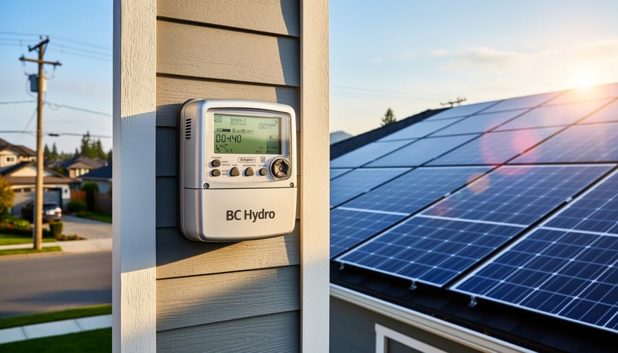 Solar panels on BC home rooftop with BC Hydro smart meter visible on exterior wall