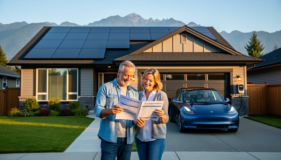 Happy homeowners standing in front of their solar-equipped home in British Columbia