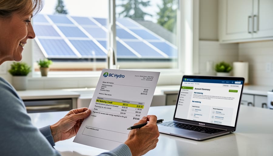 BC homeowner reviewing BC Hydro electricity bill showing net-metering credits at kitchen table
