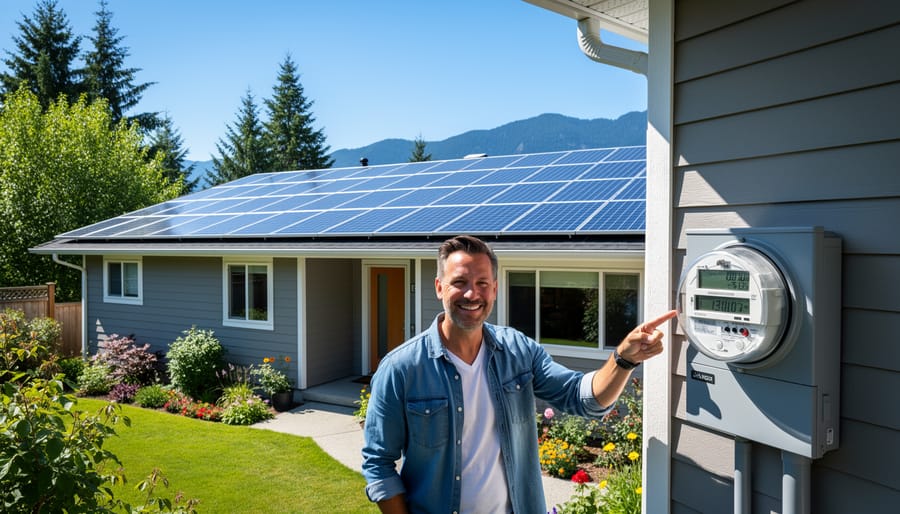 Multiple BC homes with rooftop solar panel installations in residential neighborhood with mountains in background