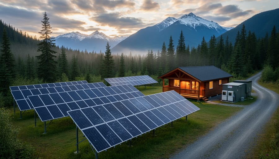 Solar panels mounted on cabin roof surrounded by BC forest landscape