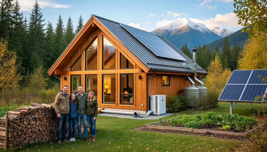 Family living comfortably in off-grid home during BC winter
