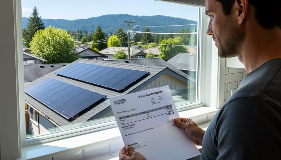 Residential solar panel installation on rooftop with British Columbia mountain landscape in background