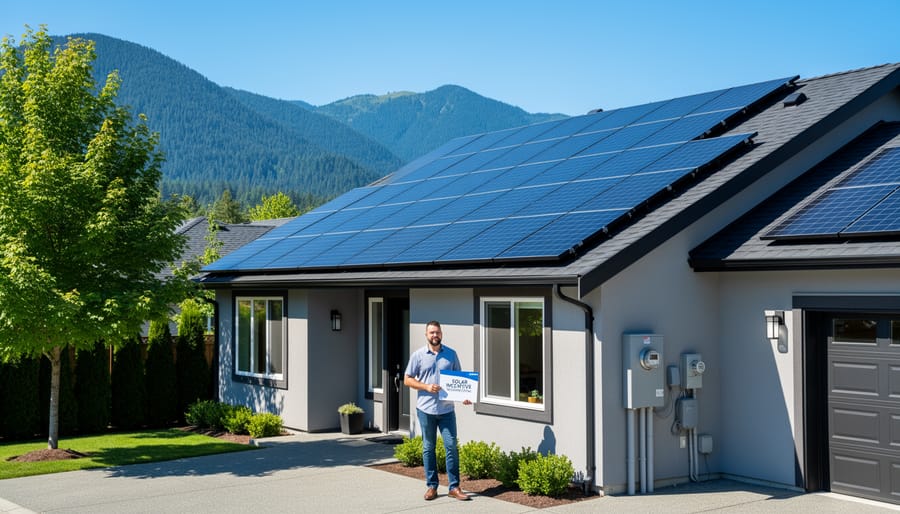 Solar panels installed on residential rooftop with BC mountains in background