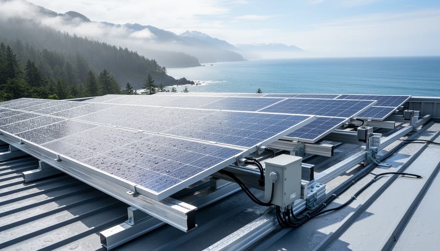 Solar panels installed on coastal home with ocean view in background