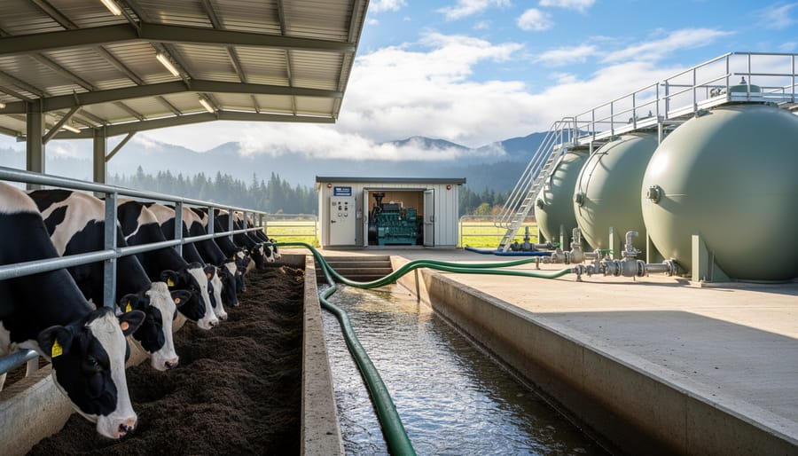 Dairy cattle grazing in pasture with biogas digester system visible on farm property