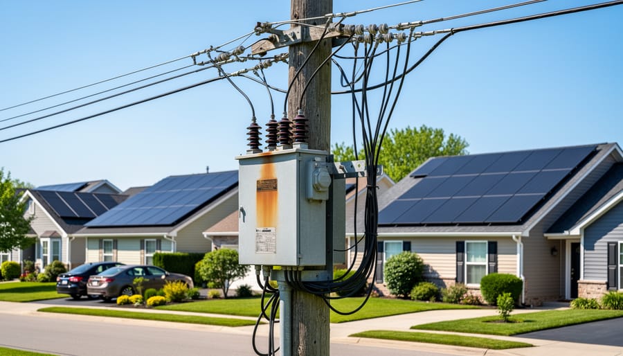 Electrical utility transformer and power distribution lines on utility pole