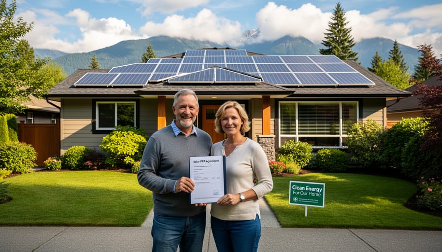 Family standing in front of home with solar panels on roof