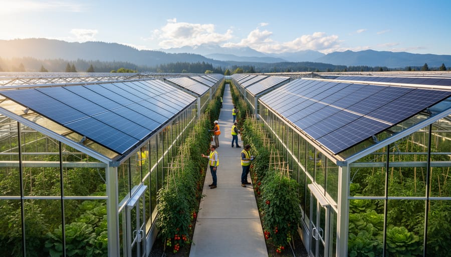 Solar panels installed on greenhouse roof with Fraser Valley farmland in background