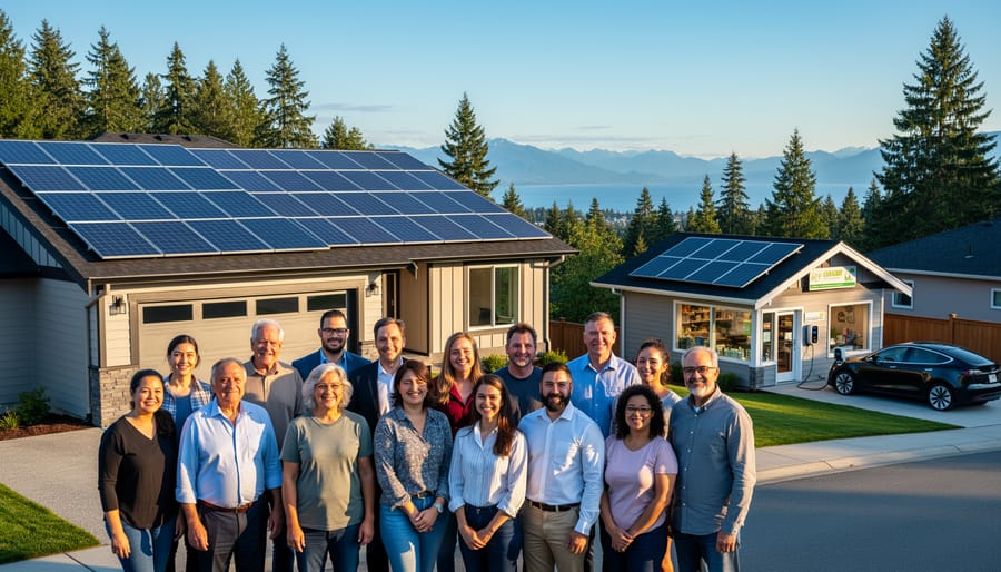 Diverse community members including people with disabilities standing together near residential solar installation