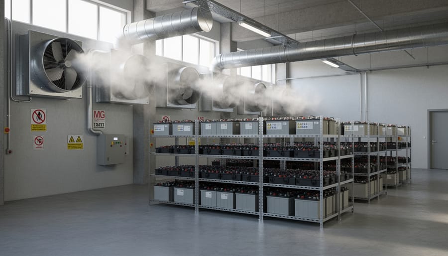 Wall-mounted ventilation fan in battery storage room