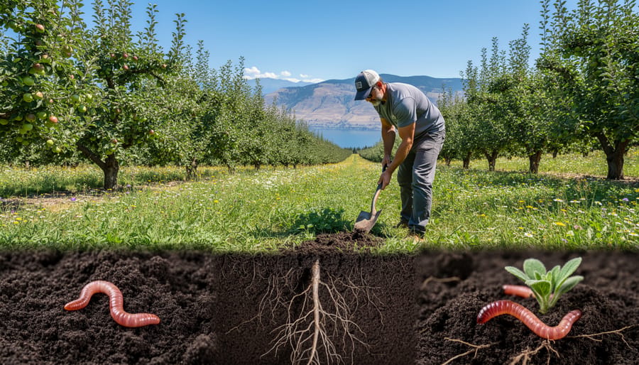 Close-up of rich dark soil with earthworms held in farmer's hands showing healthy soil biology