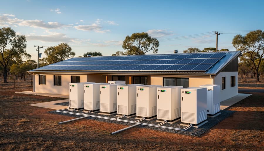 Residential battery energy storage system installed on wall beside electrical panel