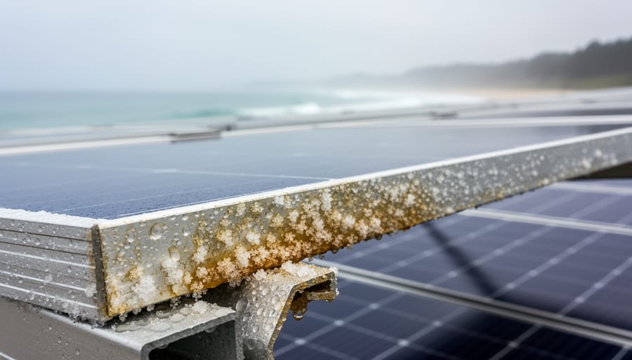 Close-up of corroded solar panel aluminum frame showing salt damage and oxidation