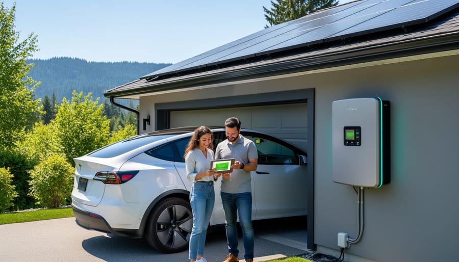 Homeowner monitoring solar energy production on smartphone with battery storage system in background