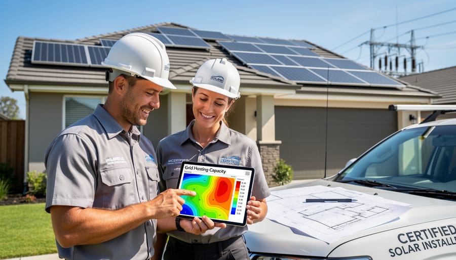 Homeowner consulting with solar installation professional beside home with rooftop solar panels