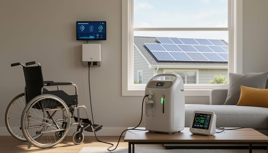 Solar panels and battery storage system providing backup power for home medical equipment