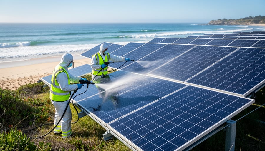 Person cleaning solar panel surface with microfiber cloth removing salt residue