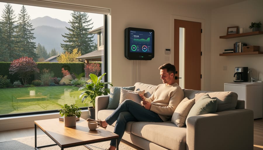 Family relaxing inside a bright home while a clean energy storage system is visible in the background