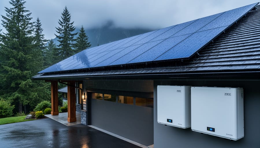 Rooftop solar panels on a BC home with soft sun breaking through clouds
